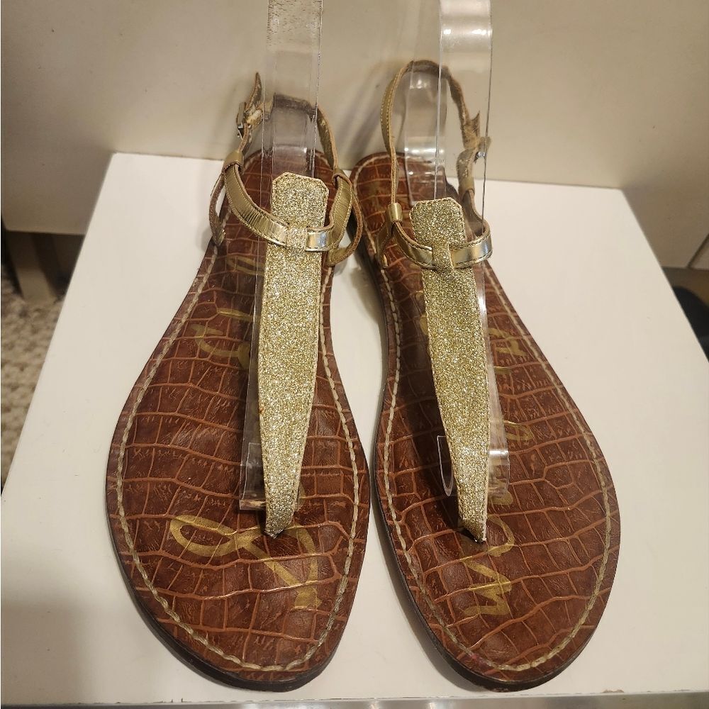 Sam Edelman "GIGI" Gold Glitter Leather T-Strap Flat Sandals sz.8.5 Ret.$120